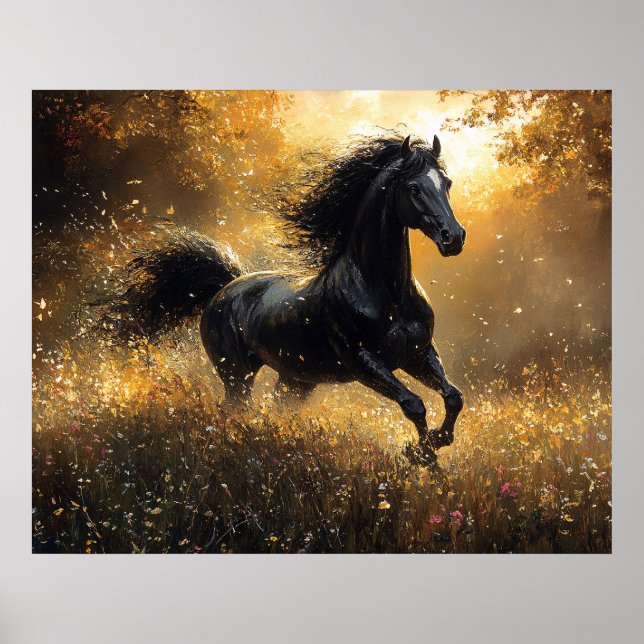 Wilder Hengst Schwarzer Hengst Mustang Poster (Vorne)