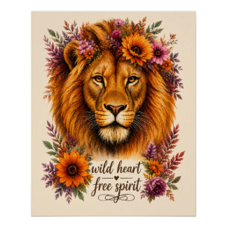 Wilder Herz Freier Geist Boho Floral Löwen Kunst Poster
