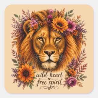 Wilder Herz Freier Geist Boho Floral Löwen Kunst Quadratischer Aufkleber