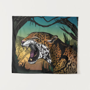 Wilder knurrender Jaguar-Dschungel Wandteppich