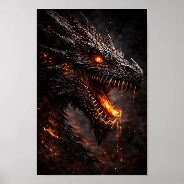 Wilder schwarzer Feuerdrache mit glühendem Glutaug Poster (Vorne)