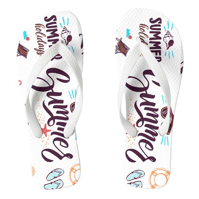 Wilder Sommer Flip Flops ("Summer" in a stylized, cursive font, along with various beach-related icons such as seashells.)