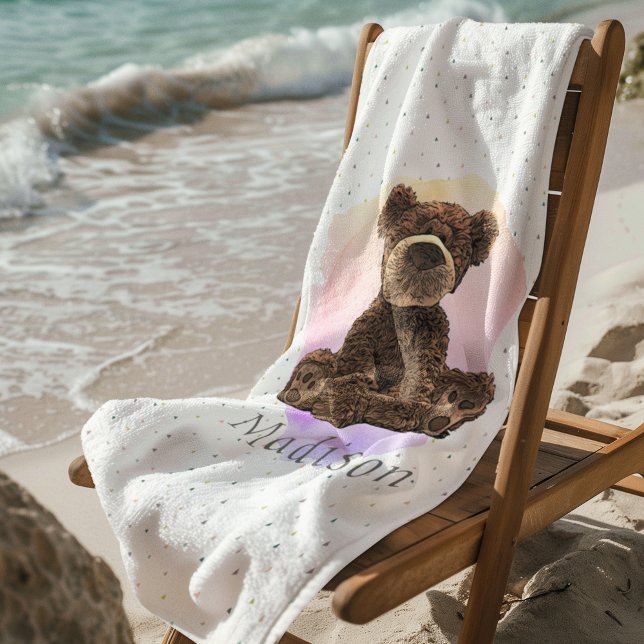 Wilder Teddy Bear Pink Tier Niedlich Moderne Kinde Badehandtuch (Kid's vacation beach towel cuddle bear.)