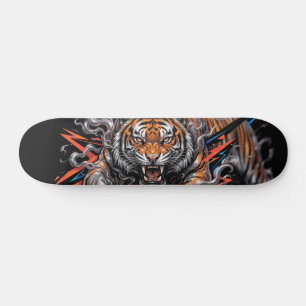 Wilder Tiger mit Rauch- und Blitzgrafik  Skateboard