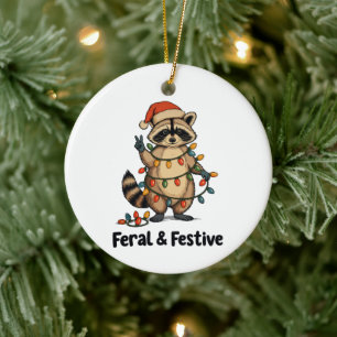 Wilder und festlicher Waschbär-Weihnachts-Xmas-Lic Keramik Ornament