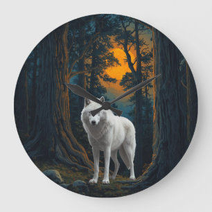 Wilder Weißer Wolf im Mondlicht Waldtier Große Wanduhr