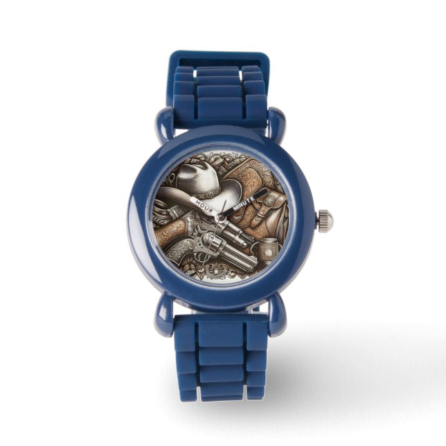 Wilder Westen mit Cowboyhut und Gewehren Armbanduhr (Vorderseite)