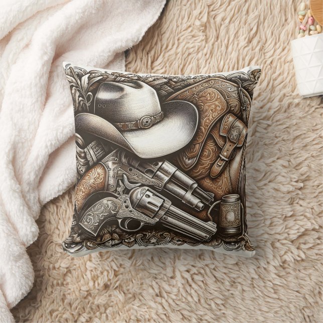 Wilder Westen mit Cowboyhut und Gewehren Kissen (Decke)