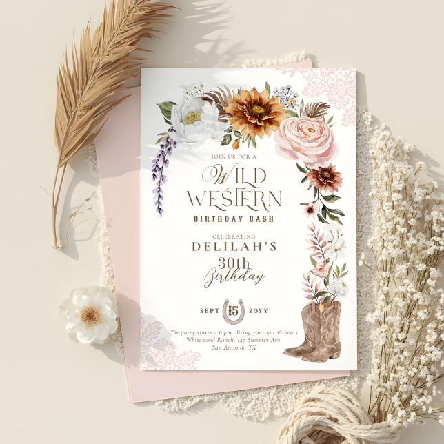 Wilder Western Birthday Watercolor Floral Cowgirl Einladung (Wild Western Birthday Watercolor Floral Cowgirl Invitation)