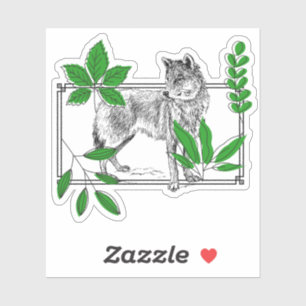 Wilder Wolf & Grüne Blätter - Naturkunst Aufkleber