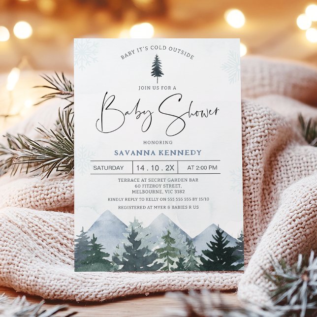 Wilderness Baby Es ist kalte Außendusche Einladung (Baby It's Cold Outside baby Shower Invitation, Winter Baby Shower Invite, Wilderness Scene Mountains)