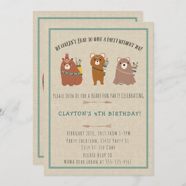 Wilderness, Boho Bears Invitations de fête d'anniv (Devant / Derrière)