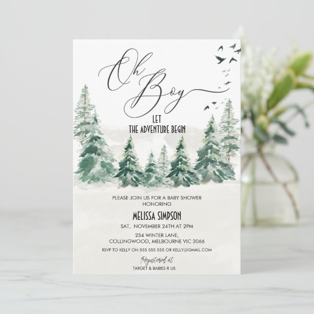 Wilderness Oh Boy Calligraphy Babydusche Einladung (Stehend Vorderseite)