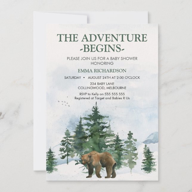 Wilderness Trees Brown Bear Baby Shower Einladung (Vorderseite)
