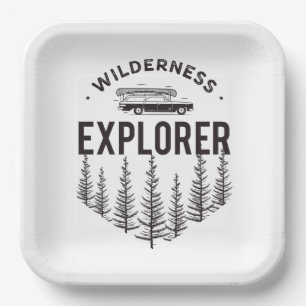 Wildernis-Explorer-Station-Wagen-Kanu-Bäume Pappteller