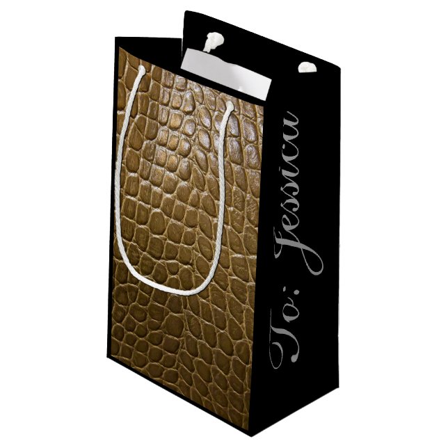 wildes beige braunes Alligatorkrokodilleder Kleine Geschenktüte (Rückseite Schrägansicht)