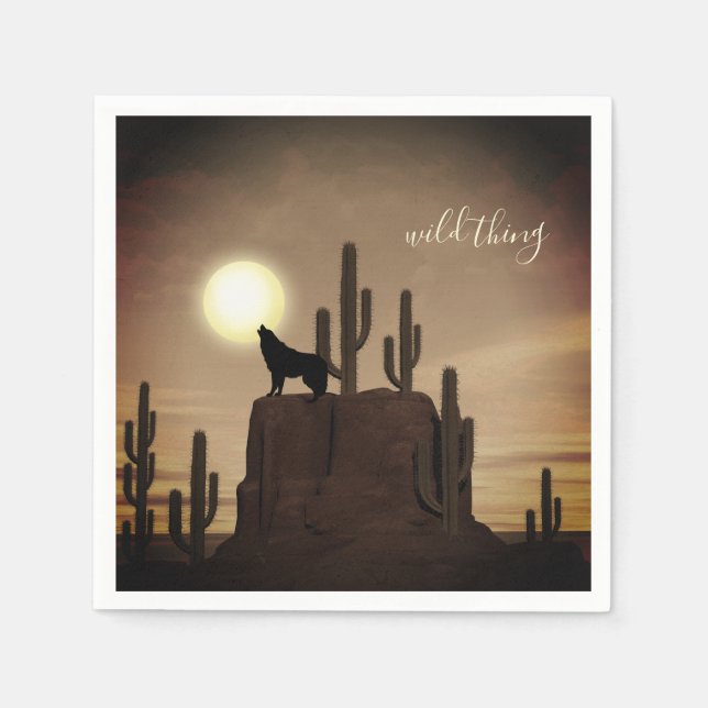 wildes Ding ~ Vollmond Wolf Howling Wüstenkaktus Serviette (Vorderseite)