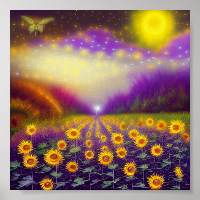 Wildes Fantasy-Sonnenblumenfeld Poster (Vorne)