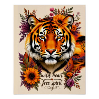 Wildes Herz Freier Geist Boho Floral TigerArt Poster