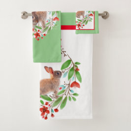 Wildes Kaninchen und Roter Blumenreath Badhandtuch Set