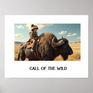 Wildes Kind, das auf dem Bison reitet Poster