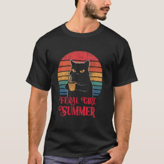 Wildes Mädchen Sommer Katze und Kaffee Liebhaber D T-Shirt