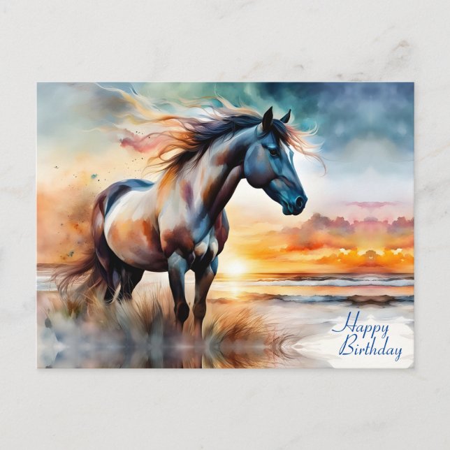 Wildes Pferd auf Grassy Düne bei Sonnenuntergang G Postkarte (Vorderseite)