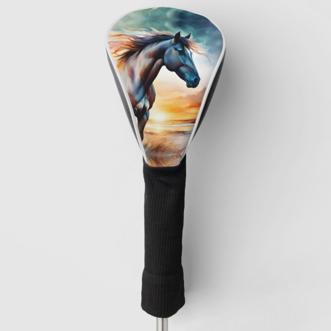 Wildes Pferd auf Grassy Düne bei Sonnenuntergang Golf Headcover (Vorderseite)