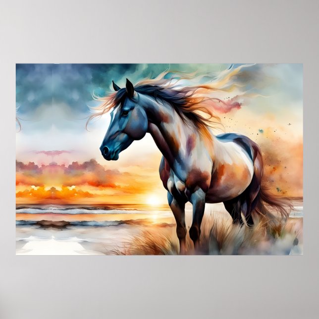Wildes Pferd auf Grassy Düne bei Sonnenuntergang Poster (Vorne)