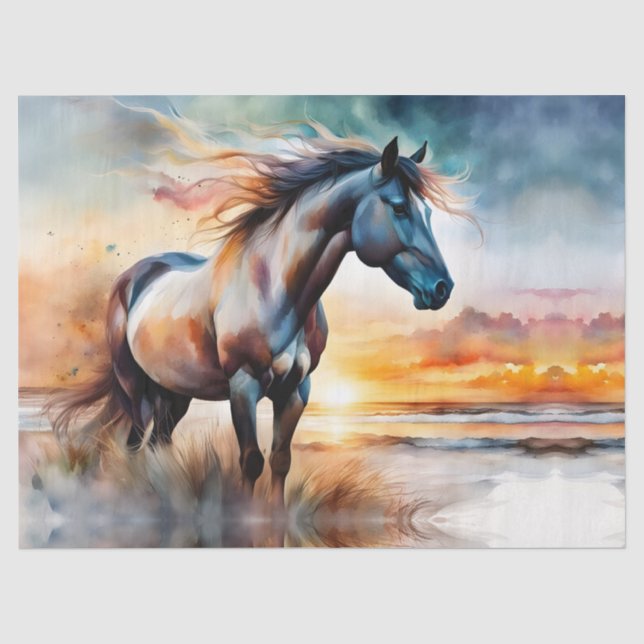 Wildes Pferd auf Grassy Düne bei Sonnenuntergang Seidenpapier (Vorderseite)