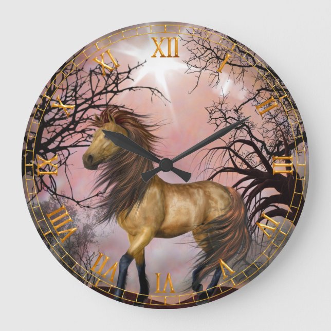 Wildes Pferd in der Wald-Wall-Uhr Große Wanduhr (Vorderseite)
