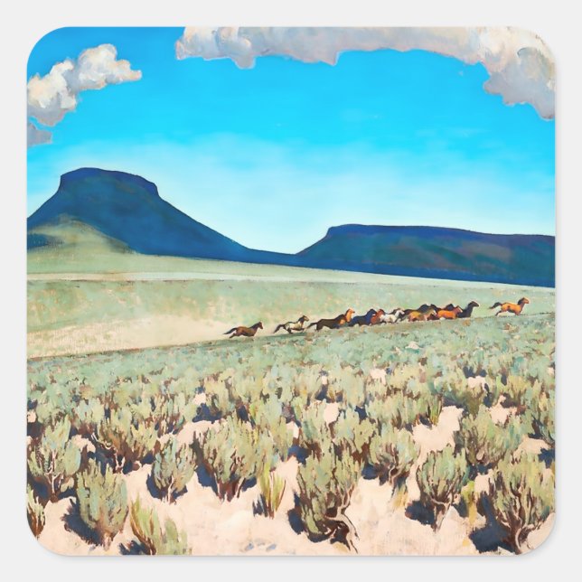 "Wildes Pferd Land" von Maynard Dixon Quadratischer Aufkleber (Vorderseite)