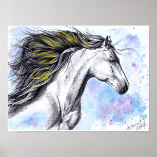 Wildes Pferd Wasserfarbe und Tinte Pferdeart Poster