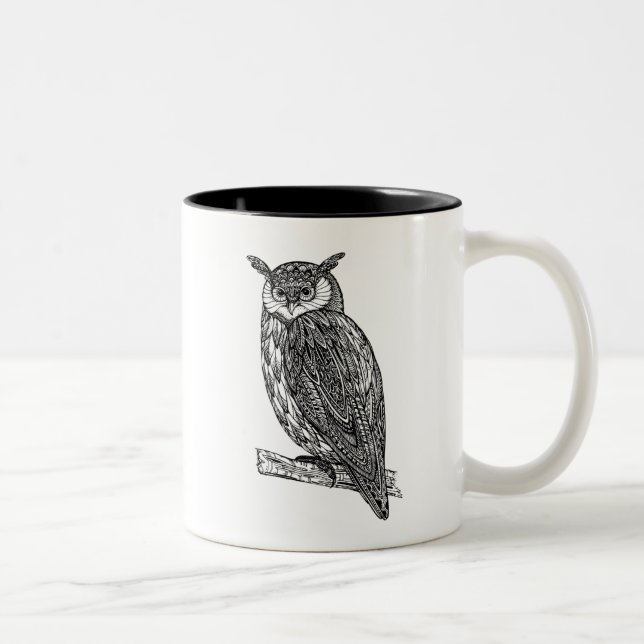 Wildes Totem-Tiereulen-Gekritzel Zweifarbige Tasse (Rechts)