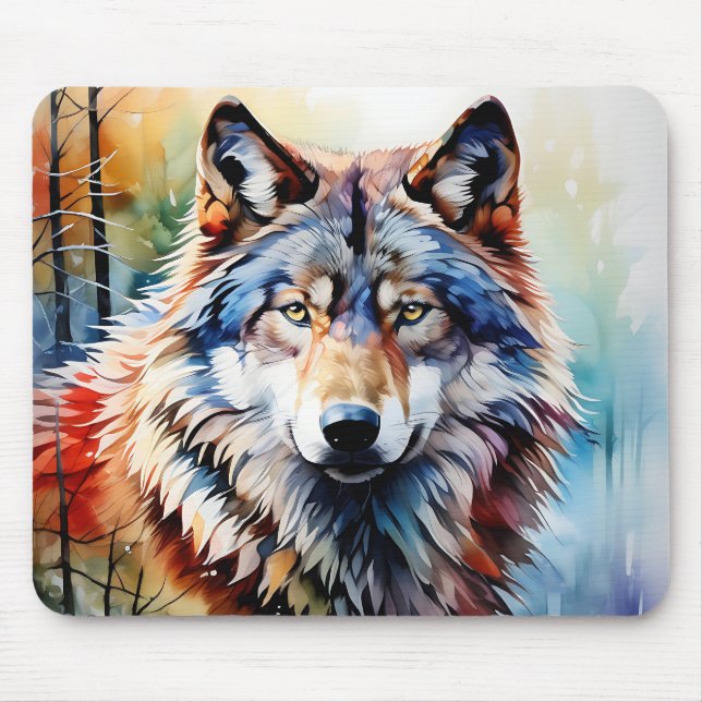 Wildes und lebendiges Wolf-Portrait in Wasserfarbe Mousepad (Vorne)