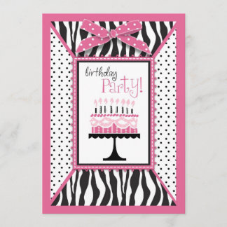 Wildes Zebra-Druck-u. Geburtstags-Kuchen-Rosa Einladung