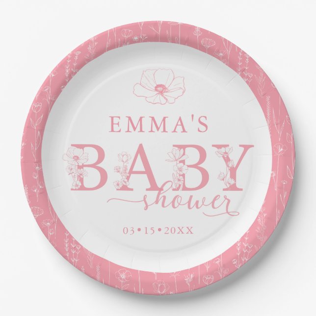 Wildflower Baby Shower | Pink Floral Pattern Pappteller (Vorderseite)
