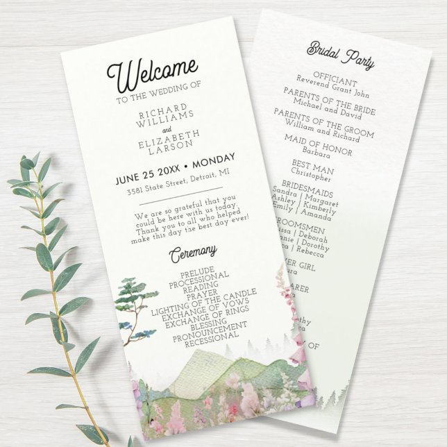 Wildflower-Berg Wasserfarben-Hochzeit Programm (Von Creator hochgeladen)
