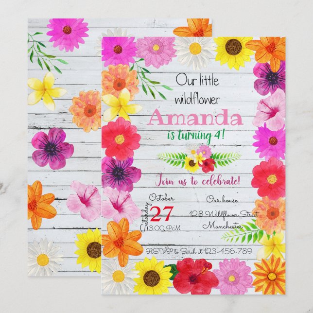 Wildflower Birthday Invitation, Flower Invite, Einladung (Vorne/Hinten)