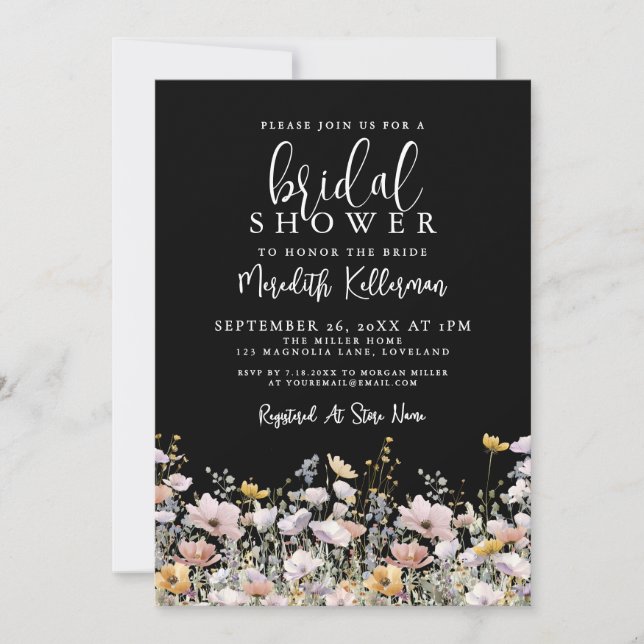 Wildflower Black Floral Bridal Shower Einladung (Vorderseite)