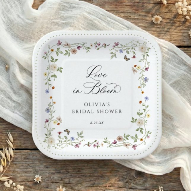 Wildflower Bloom Floral Square Bridal Shower Pappteller (Square bridal shower plates with colorful watercolor wildflower flowers and love is in bloom design)