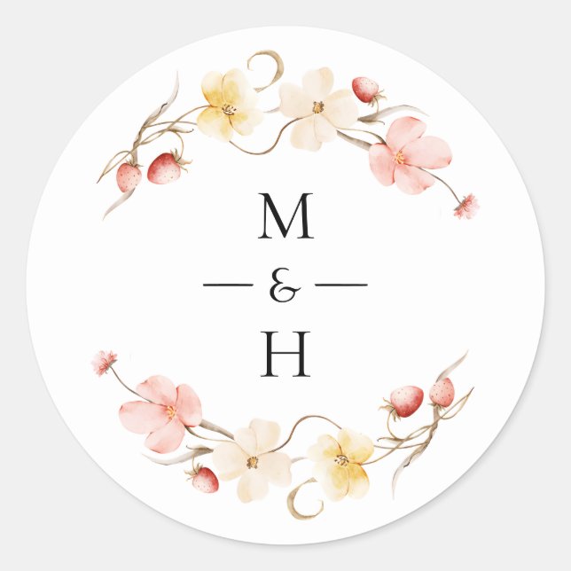 Wildflower Blush Floral Monogram Wedding Favor Runder Aufkleber (Vorderseite)