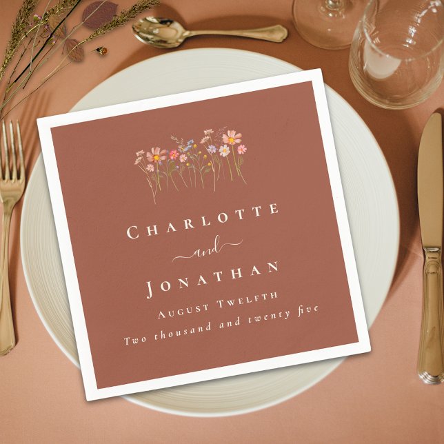 Wildflower Boho Fall Floral Custom Wedding Serviette (Elegant modern Wildflower boho fall floral terracotta Wedding custom napkin)