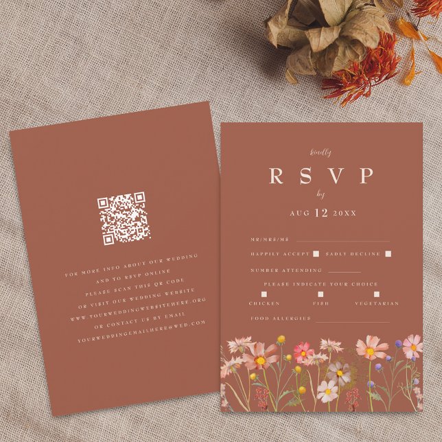 Wildflower Boho Fall Terracotta Meal Options RSVP Karte (Wildflower boho fall floral terracotta rust beige Wedding qr code RSVP enclosure card Meal options)