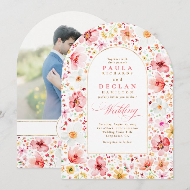 Wildflower Boho Floral Garden Wedding Arch Photo Einladung (Vorne/Hinten)