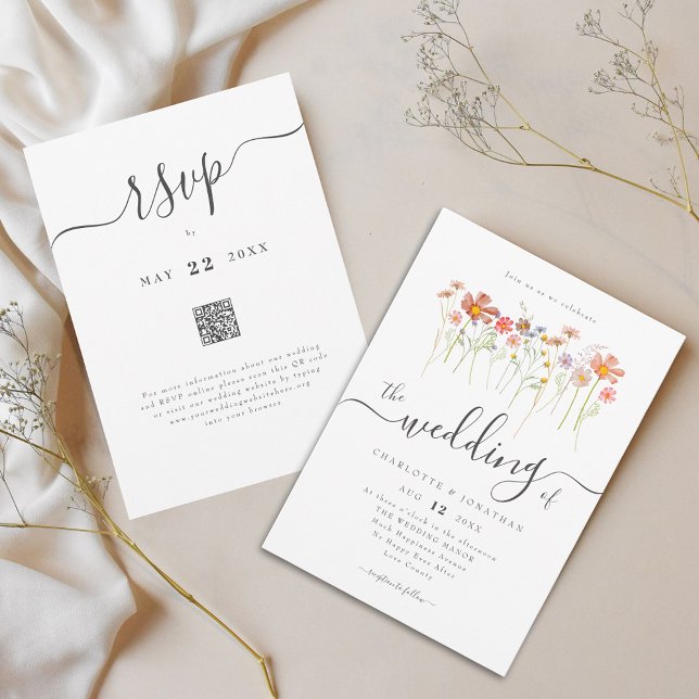 Wildflower Boho Hochzeit QR-Code Einladung (Colorful wildflower boho wedding qr code invitation Whimsical elegant script watercolor meadow)