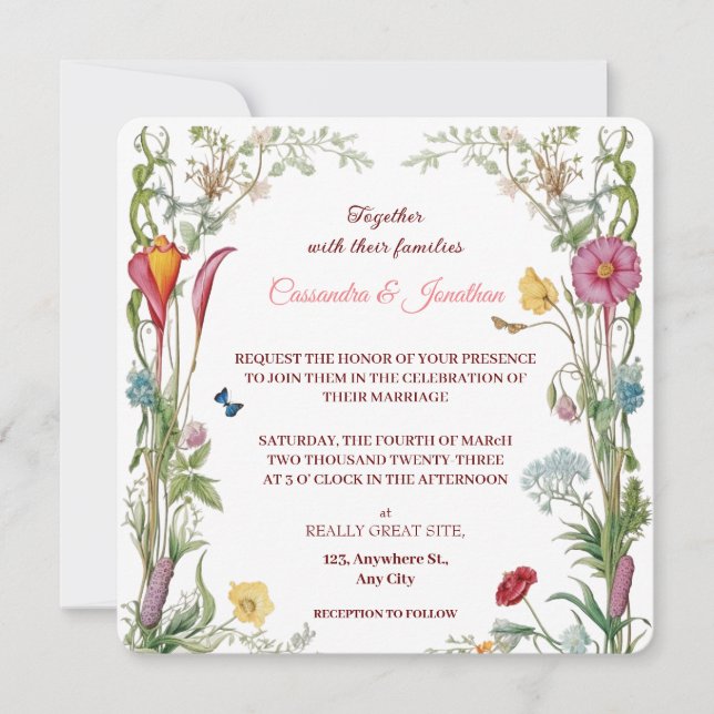 Wildflower Botanical Flowers & Butterflies Wedding Einladung (Vorderseite)