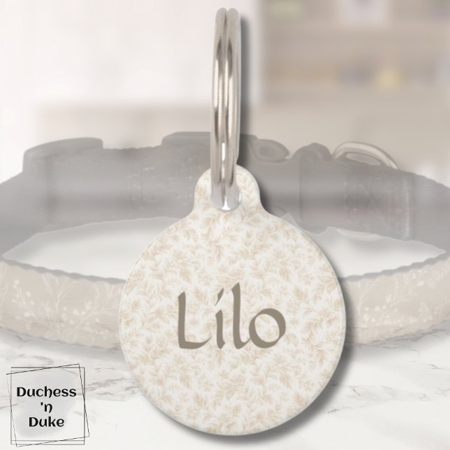 Wildflower Botanical Print in Ivory Haustiermarke (ivory botanical dog name id tag with owner information and matching dog collar in background)