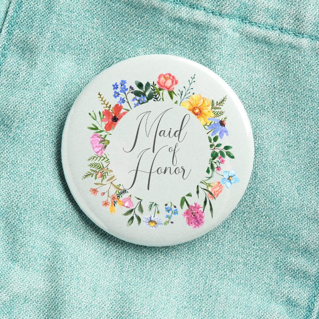 Wildflower Brautjungfer Skript Hochzeit  Button (Maid of Honor Wildflower Watercolor Floral Wreath Wedding Button
)
