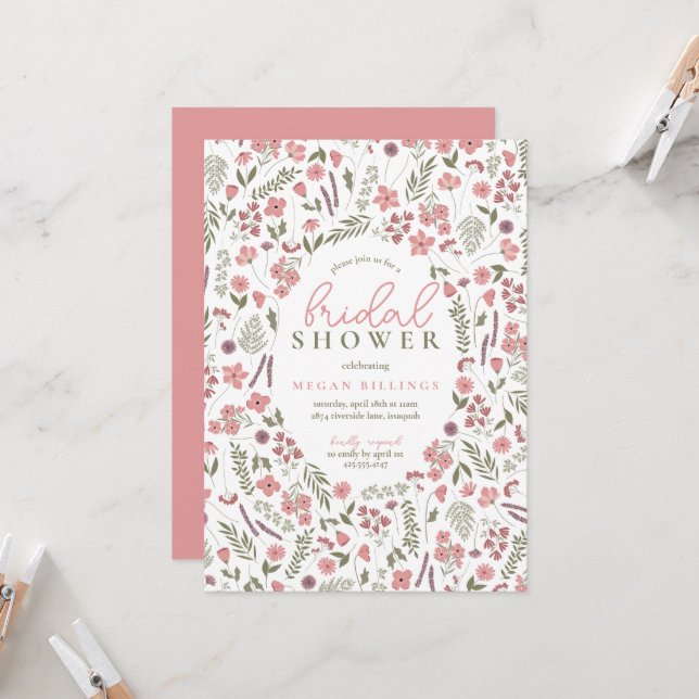 wildflower bridal shower invitation - pink (Devant/Arrière en situation)